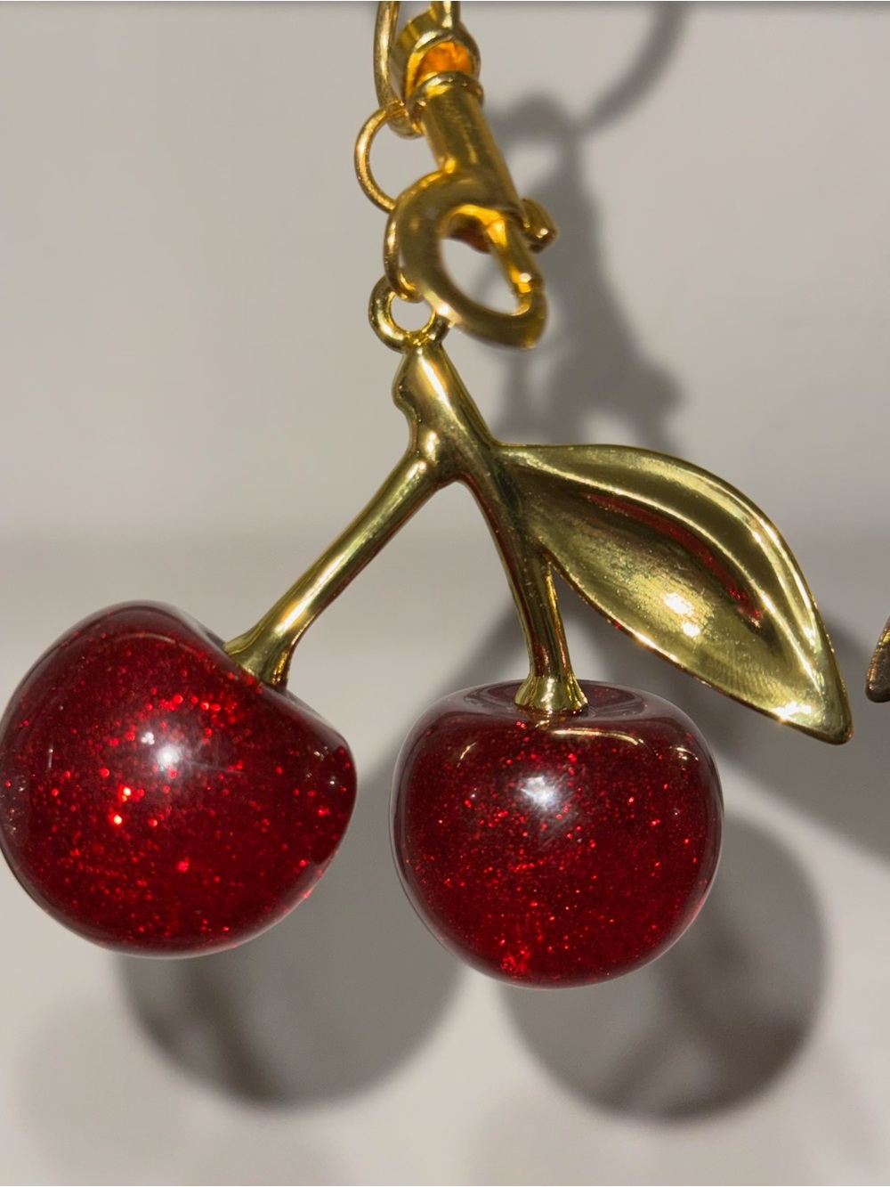 Gold Cherry Dangle Charm with Sparkling Red Enamel Cherries